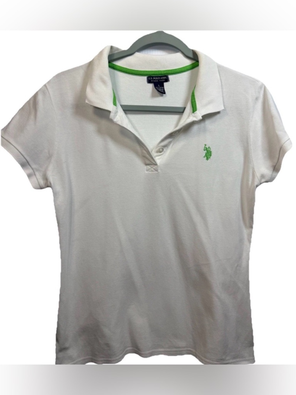 U.S. Polo Assn White Polo Shirt Green Logo Preppy Classic Statement Cotton L